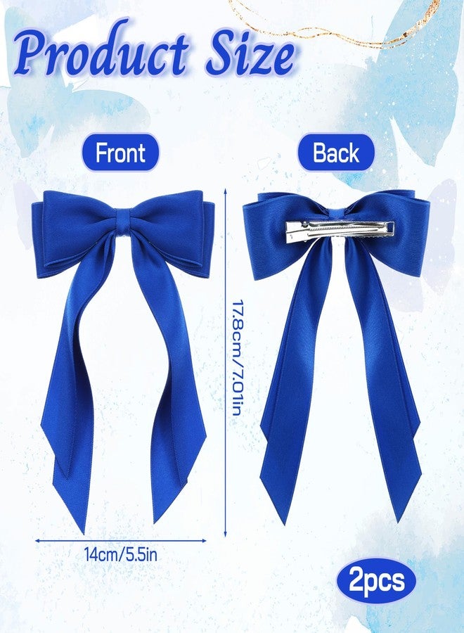 Matwsec 2PCS Blue Hair Bow Royal Blue Bows for Hair Ribbon Clip with Tails Barrettes Accessories for Women Girls Wedding Dress Decor - Image 2